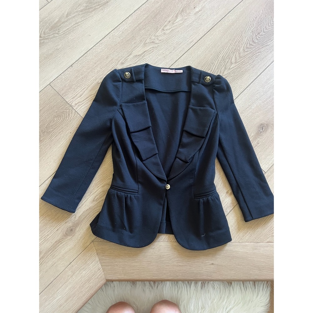 Juicy‎ Couture Cropped Blazer Jacket Gold Button Detail Black Womens Sz P